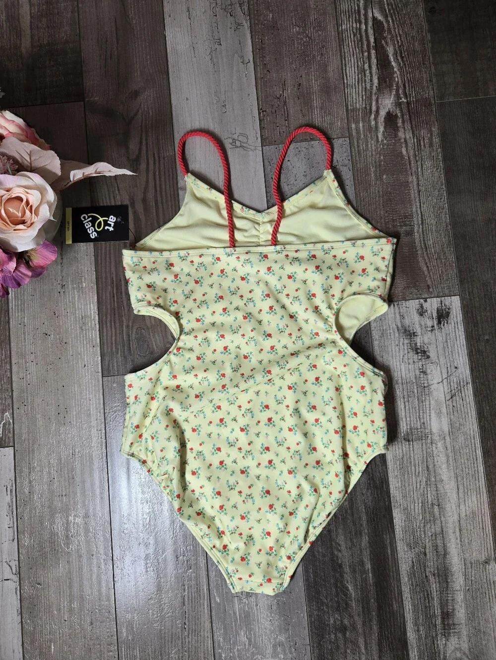 NWT Art Class Girls Yellow Floral Cutout One Piece Swimsuit Size XL 14 Plus